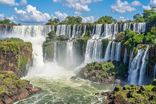 Scenic view of a large waterfall in the tropical rainforest of Brazil