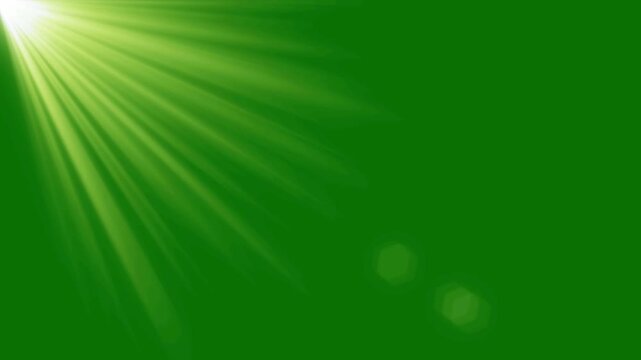Top left side sun rays on green screen. bright light lens flare effect, Beams lights on stage with green screen background. Top center sun rays or god bless rays on green screen. flashing light effect