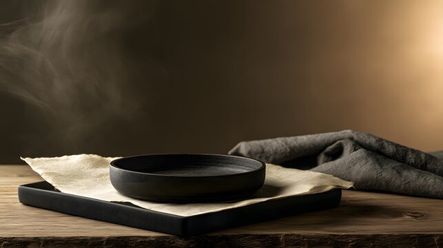 Cinematic dark ceramic plate set resting on a wooden table