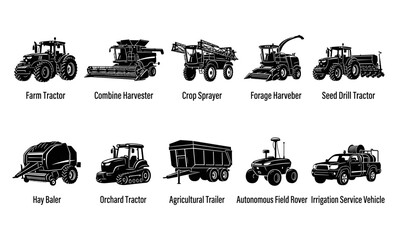 Obraz premium Farm Tractors and Agricultural Machinery in Black and White Illustration Featuring Tractor, Combine