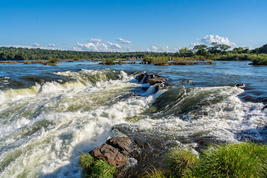 Scenic view of a river with rapids and lush green forest in Brazil