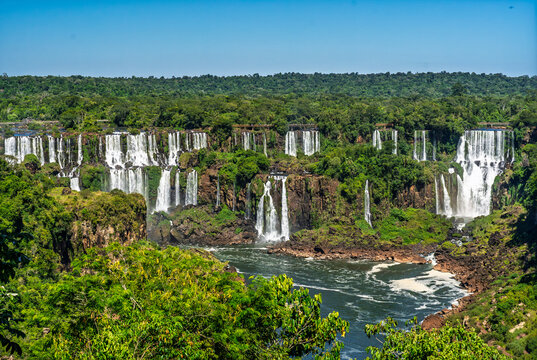 Panoramic view of a large waterfall system in the tropical rainforest of Brazil