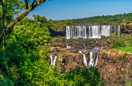 Scenic view of a large waterfall in the tropical rainforest of Brazil