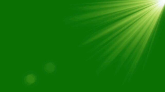 Top right side sun ray on green screen. bright light lens flare effect, Beams lights on stage with green screen background. Top center sun rays or god bless rays on green screen. flashing light effect