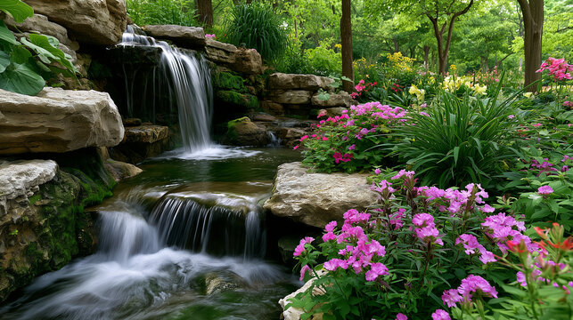 AI generator images of a small waterfall in a lush green landscape with blooming flowers, a beautiful artificial waterfall arrangement in a backyard garden with rocks and flowers.