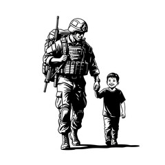 Fototapeta premium Soldier and Child Holding Hands, Military Father and Son Connection