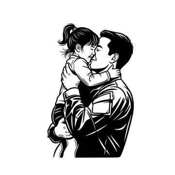 Father's Love: Affectionate Dad Hugging Daughter in Black and White Line Art