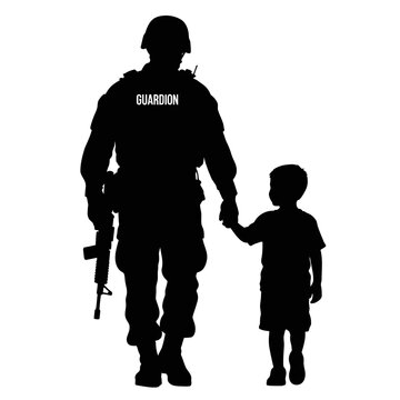 Soldier and child silhouettes holding hands, guardian concept, military protection