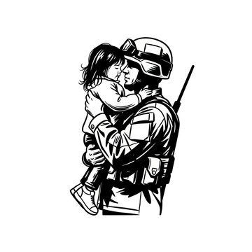 Soldier cradling child, hope, peace, protecting innocence, military family, love, safety