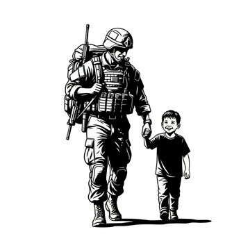 Soldier and Child Holding Hands, Military Father and Son Connection