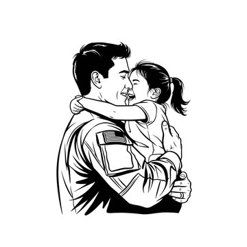 Happy Soldier Hugging Daughter, Reunion, Family Love, Father and Child