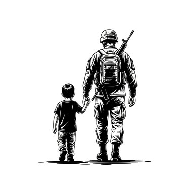 Soldier and child holding hands, walking away from viewer, military theme