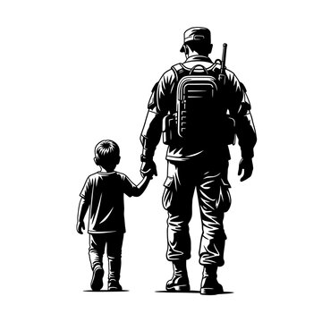 Soldier and Child Holding Hands Silhouette