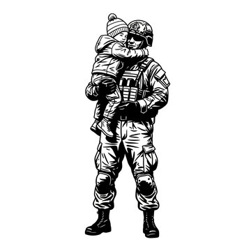Soldier carrying child, military man holding kid, protection, family, hope, peace, silhouette