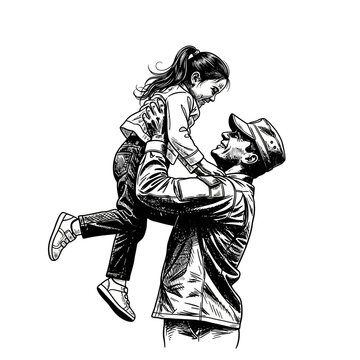 Father, Soldier, Holding Daughter, Family Love, Reunion, Sketch