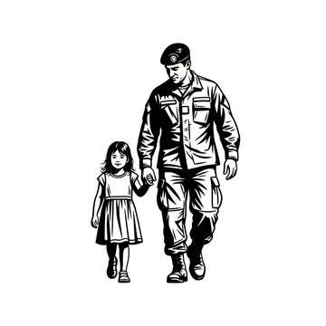 Soldier dad holding daughter's hand, walking, black and white