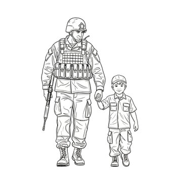 Soldier and Child Walking Together, Holding Hands - Vector Art