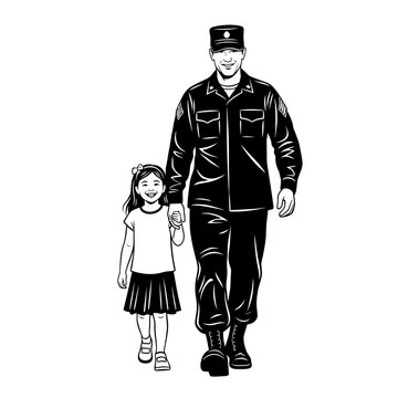 Military father holding daughter's hand, walking together, proud soldier and child