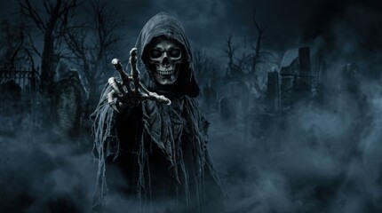 Fototapeta premium Halloween background with grim reaper in dark forest, halloween