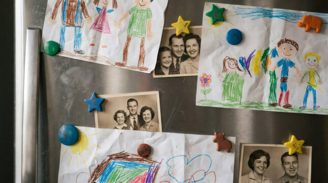 Children drawing and vintage family photo attached with magnet to metal refrigerator door. Home decor with nostalgic keepsakes representing childhood memories and intergenerational bond.