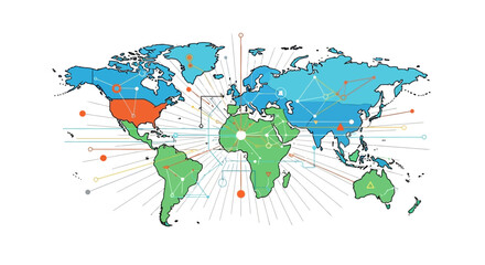 Naklejka premium Global network and communication connections visualized across continents and countries with digital data lines
