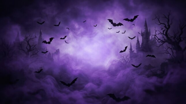Halloween background with bats flying in a dark purple sky