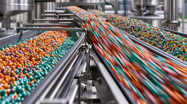 AI-generated images of a modern fertilizer manufacturing plant, featuring machinery lines for preparation and packaging.