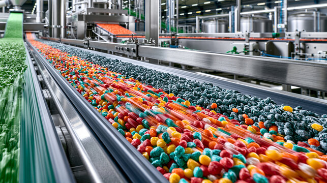 AI-generated images of a modern fertilizer manufacturing plant, featuring machinery lines for preparation and packaging.