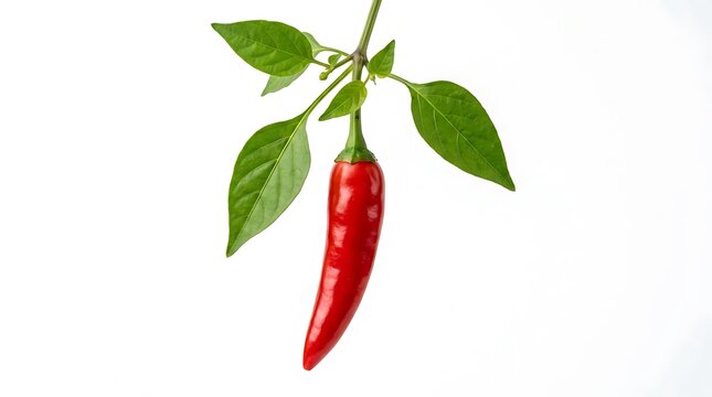 Fresh red chili pepper with green leaves on a stem isolated on white background