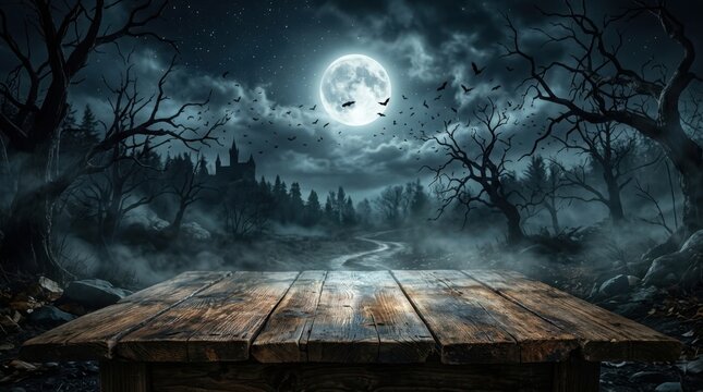 Halloween background with a full moon and a wooden table