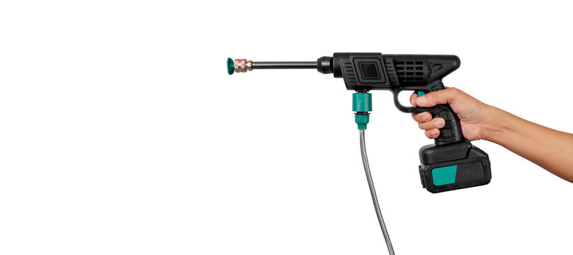 hand hold water gun to wash and clean the car isolated on white background