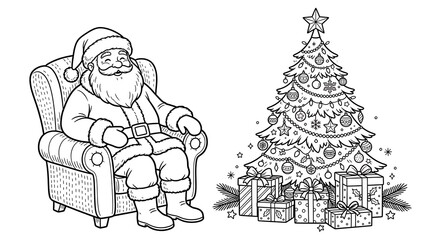 Fototapeta premium Santa claus sitting in a chair by a decorated christmas tree isolated on white background