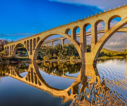 Two of the Peso da Regua bridges over the Douro river: the Regua Road Bridge and the Miguel Torga bridge, Regua, Vila Real, Portugal