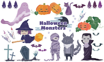 Fototapeta premium Halloween Character Clipart Set with Witch, Vampire, Ghost, Mummy, Werewolf and Jack-o'-Lantern Vector