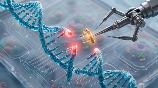 Microscopic robotic arm editing DNA double helix strand, representing gene therapy, genetic engineering, and advanced biotechnology research concepts.