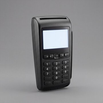 Modern payment terminal with blank screen and black numeric keypad in clean style on gray background, concept of cashless transaction and retail finance.