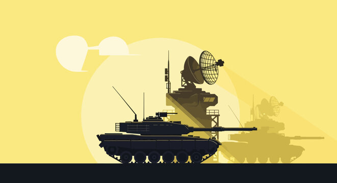 Military tank and radar station at sunset - vector illustration