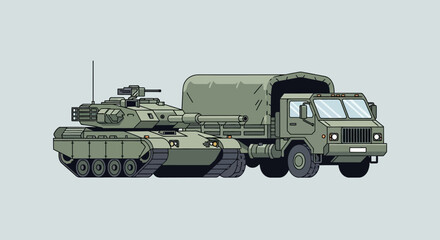 Obraz premium Military tank and transport truck in pixelated style, army illustration