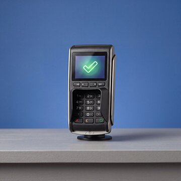 Payment terminal with keypad and green check mark on screen showing approved cashless transaction isolated on dark background, electronic banking concept.