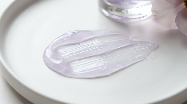 Transparent gel serum sample smeared on white plate, showing viscous cosmetic product texture for skincare formulation testing and beauty research applications.