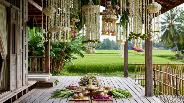 AI generator images of Thai Wisdom and Cultural Heritage ,Fresh flower arrangements used to decorate home and for important Thai ceremonies such as weddings  ordination ceremony. fragrance of thailand