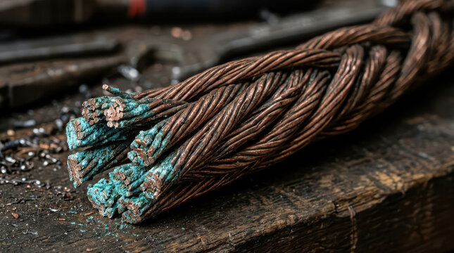 Close up of thick weathered braided copper electrical wire cable with oxidation and patina texture resting on a rustic wooden workshop bench