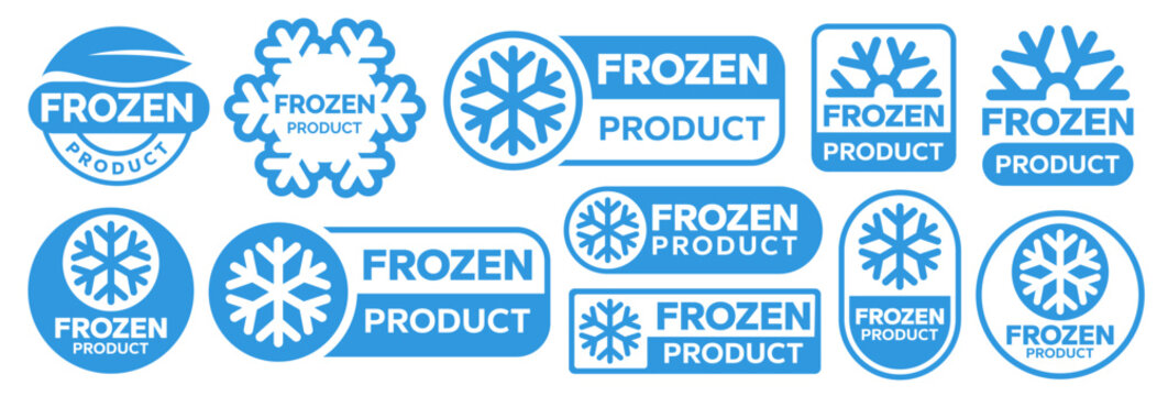 Set Frozen product food package label. Fresh frozen food product icon logo, badge, sticker, emblem, stamp, symbol, black, line circle, flat vector, isolated illustration. Snowflake icons.