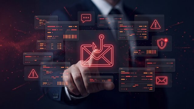 Phishing email attack concept, businessman touching envelope with fishing hook among suspicious mail windows, warning triangle and shield alert icons, online scam, fraud danger and cyber crime threat