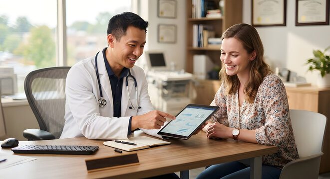 Male doctor showing medical data on a tablet to a patient