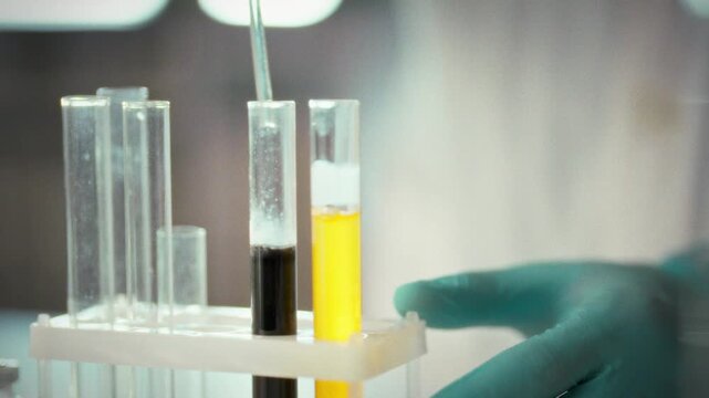 Pouring liquid into test tube, researcher in white coat and protective gloves conducts controlled experiment inside a modern laboratory, highlighting meticulous technique and strict safety standards