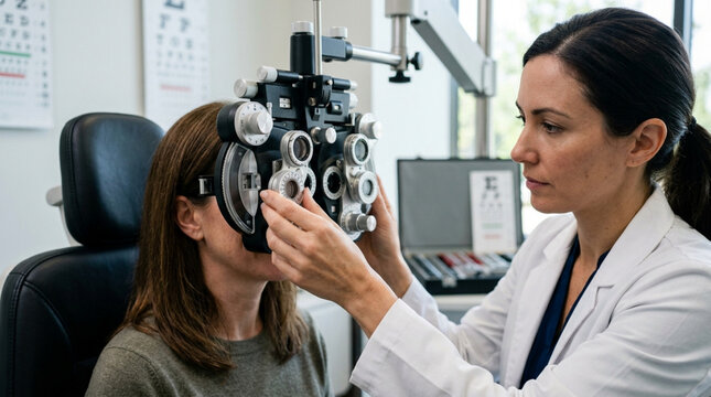 Optometrist Adjusts Eye Chart Machine During Vision Test