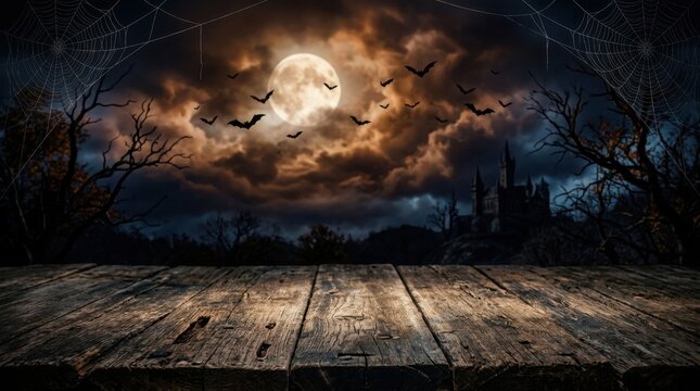 Halloween background with a full moon, bats, and a wooden floor
