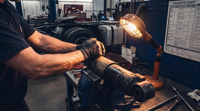 Skilled mechanic maintaining truck shock absorber in workshop