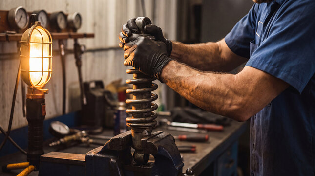 Auto mechanic working on a shock absorber